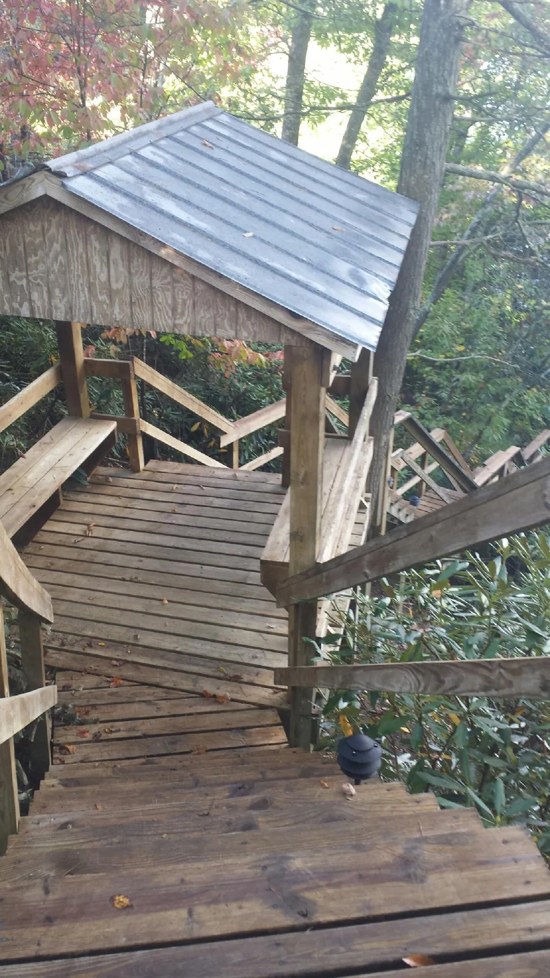 Metal roofed shelter over wooden steps on a wooded walkway — Skylight Repair & Installation work by our crew in Shabbona